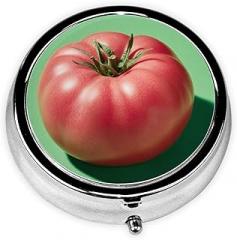 Fresh Ripe Large Pink Tomato Round Pill Case, Portable Pill Box for Pocket Metal Medicine Vitamin Organizer 3 Compartment Three Times A Day