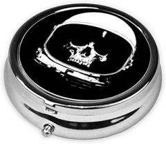Minimalist Skull in Futuristic Astronaut Helmet Round Pill Case, Portable Pill Box for Pocket Metal Medicine Vitamin Organizer 3 Compartment Three Times A Day