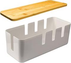 Cable Management Box, 7 Holes, 12x5x4.5 inches, Wooden Lid Cable Organizer Box for Desk to Hide Power Strips, Tv Wires, ABS Material Cord Cover