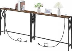 78.7'' Narrow Sofa Table with Charging Station, 2 Pack Skinny Console Table, Slim Entryway Hallway Couch Table, for Entrance, Foyer, Living Room, Hallway, Rustic Brown CTHR151E01S2