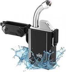 Dual Arc USB Rechargeable Electric Camp Lighter with Retractable Flexible Long Neck Waterproof Windproof Lighter for Outdoor, Grill and Candle (Black)