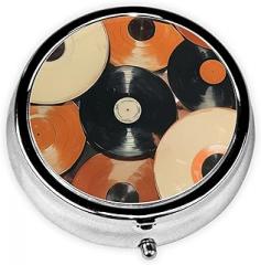 Several Vinyl Records Vintage Round Pill Case, Portable Pill Box for Pocket Metal Medicine Vitamin Organizer 3 Compartment Three Times A Day
