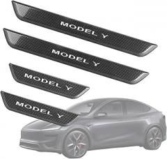 HANSSHOW 4PCS LED Illuminated Door Sill Covers Protector fit for Tesla Model Y Juniper Carbon Fiber Pattern Welcome Pedal for Juniper Accessories (2025.03+)