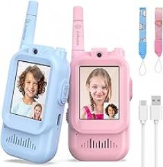 Walkie Talkies for Kids Pack of 2, Rechargeable Long Range Two Way Radios Toys for Boys Girls Age 3-5, Outdoor Adventure Camping Hiking, Birthday with Pink Blue Design