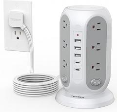 TESSAN Tower Power Strip with Individual Switches, Surge Protector with 12 Outlets, 5 USB Ports(2 USB C), Flat Extension Cord 10 Ft, 1250W, Charging Station for Multiple Devices, for Office, Dorm