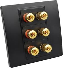 Black 3-Port Speaker Panel with 6 Speaker Cable Plugs, connectors, and sockets for Audio Systems, 86x86mm
