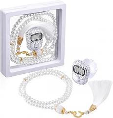 Islamic Tasbih Prayer Beads & Digital Tasbeeh Counter Gifts Set Muslim Prayer Portable Dhikr Counter with Floating Frame Cases for Ramadan Eid Hajj Travel (White)