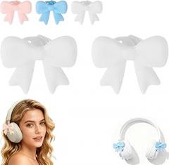 Silicone Bow Headphone Accessory,3D Bows Decor for Headphones, 2 Pack Headphone Accessories Cute,3 Colors to Choose from,Add Fun & Personality to Your Earbuds, A Fun Gift for Gamers (White)