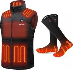Venustas Men’s Heated Vest (L) & Heated Socks (L) Bundle with Batteries, Lightweight Electric Vest & Full-Foot Heating Socks