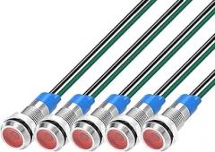 6mm 3V-4.5V-5V-6V-7.5V-9VDC Waterproof Signal Lamp with Wire, LED Metal Indicator Light Energy Saving(5pcs x Red LED)