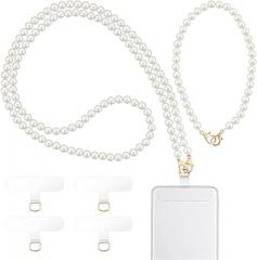 2 PCS Pearl Phone Strap, 2 Sizes White Beaded Pearl Phones Wrist Strap Elegant Universal Pearls Phones Lanyards with 4 Clear Phone Pad for Women Cellphone Id Badges Purses Decor