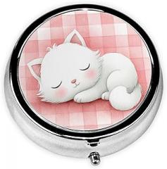 Cute White Cat Sleeping Watercolor Round Pill Case, Portable Pill Box for Pocket Metal Medicine Vitamin Organizer 3 Compartment Three Times A Day