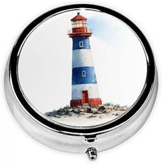 Watercolor Striped Lighthouse Round Pill Case, Portable Pill Box for Pocket Metal Medicine Vitamin Organizer 3 Compartment Three Times A Day