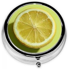 Single Ripe Half Lemon Cut Crosswise Round Pill Case, Portable Pill Box for Pocket Metal Medicine Vitamin Organizer 3 Compartment Three Times A Day