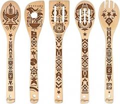 Ancient Totem Retro style Gift Idea Cooking Serving Utensils Natural Bamboo Kitchen House Warming Presents Slotted Wooden Spoons for Cooking Utensils Set of 5…