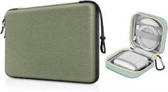 FINPAC 15.3-inch Hard Laptop Sleeve Case Olive + Charger Case Small Electronic Organizer Bag Light Green