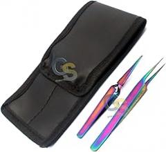 Set of 2 Stainless Steel Multi Titanium Rainbow Color 3D Eyelash Extension Tweezers X Type Self Retracting + Pro Straight Fine Point by G.S Online Store