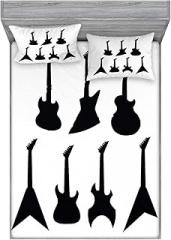 Ambesonne Rock Music Fitted Sheet & Pillow Sham Set, Various Guitar Silhouettes Acoustic Electronic Bass Abstract String Instruments, Decorative Printed 3 Piece Bedding Decor Set, Full, Black