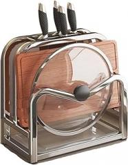 1pc Stainless Steel Knife Holder Kitchen Pot Lid Storage Rack Cutting Board Shelf Household Draining Kitchens Accessories(Sliver)