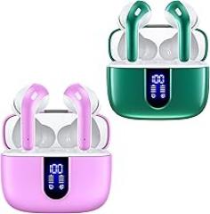 TAGRY 2 Sets X08 Forest Green and Sunset Pink Bluetooth Headphones True Wireless Earbuds 60H Playback Ear Buds with Wireless Charging Case in-Ear Earbuds with Mic