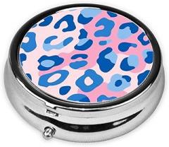 Pastel Blue Leopard Spots On Pink Round Pill Case, Portable Pill Box for Pocket Metal Medicine Vitamin Organizer 3 Compartment Three Times A Day