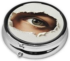 Single Eye Peering Through The Hole Round Pill Case, Portable Pill Box for Pocket Metal Medicine Vitamin Organizer 3 Compartment Three Times A Day