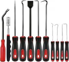 11PCS Car Carbon Steel Precision Hook and Pick Set, Gasket Scraper Hoses Puller Remover Hand Pickup Tool, Magnetic Telescoping Tool Kit for Automotive Electronic Maintenance (Red)