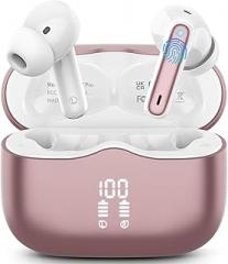 Wireless Earbuds, Bluetooth 5.4 Headphones in Ear with 4 ENC Noise Cancelling Mic, New Wireless Earphones HiFi Stereo Deep Bass 40H Playtime, In-Ear Bluetooth Earbuds LED Display IP7, USB-C, Rose Gold