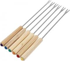 Milisten 6pcs Oak Handle Cheese Fondue Forks Set, Stainless Steel Fruit and Dessert Forks for Buffet and Entertaining