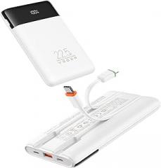 VEGER Portable Charger with Built in Cable, 10000mAh 22.5W Fast Charging USB C Battery Pack, 4 Outputs 3 Inputs Power Bank for iPhone 16/15/14/13 Series, iPad, Samsung, Android, Tablet, White(1 Pack)