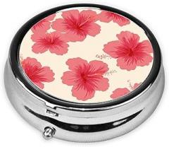 Pink Hibiscus Flower Pattern Round Pill Case, Portable Pill Box for Pocket Metal Medicine Vitamin Organizer 3 Compartment Three Times A Day