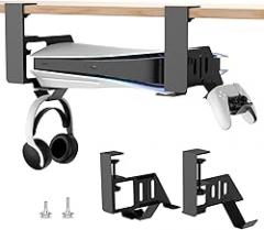 No-Drill PS5/PS5 Slim/PS5 Pro Under Desk Mount,Metal Under Desk PS5 Mount for PS5 Slim Digital & Disc, Screw and EVA Foam for PS5 Digital Console, PS5 Mount Under Desk with Clamp Mount, Black, black