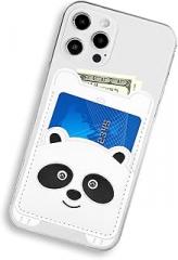 Cell Phone Wallet,White Leather Cute Panda, Secure Card Holder for iPhone, Android & Smartphones,Premium Leather,Adhesive Sleeve Pocket,Minimalist Design