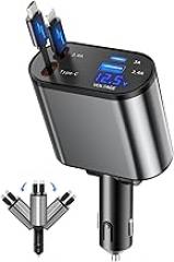Retractable Car Charger, 4 in 1 Fast Charging Car Charger with USB-C & USB-A, Compatible with iPhone 17/16/15/14/13/12/11,Galaxy,Pixel, Car Accessories for Men Women Drivers