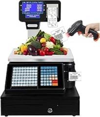 Label Printing Scales, Commercial Digital Price Computing Scale with Double-Sided Pole Display Electronic Barcode Label Printing Scale with Cash Drawer, Cash Register Machine+,