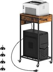 SEHERTIWY 2 Tier Computer Tower Stand, Adjustable Printer Stand with Charge Station and USB Charging Port, PC Tower Stand CPU Holder Cart with Wheels for Home Office Fax, Brown