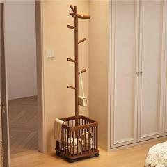 Solid Wood Deer-Shaped Clothes Rack, Mobile Coat Rack Freestanding with Storage Basket, Multifunctional Hall Tree with Wheels for Entryways and Bedrooms