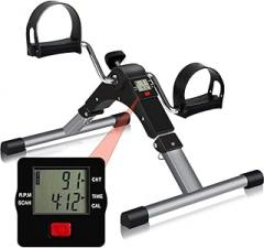 Folding Pedal Exerciser, CNTLIFE Portable Stationary Mini Exercise Bike Leg Arm Trainer for Elderly Men Women, Adjustable Resistance Pedal Exerciser with Electronic Display