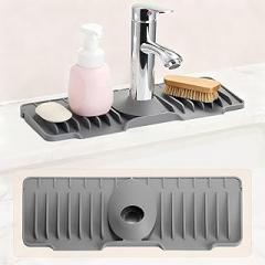 15.75 Inch kitchen Sink Faucet Mat, Silicone Sink Protector&Splash Guard, 2025 Upgrade 10°Slope Fast Self-draining&Snap Lock Fit for Kitchen and Bathroom Countertop -15.75