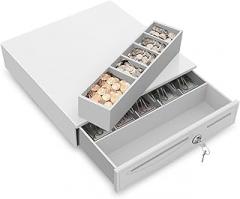 Flexzion Cash Drawer for Small Businesses - Gray, 16-inch Metal Cash Register with Electronic RJ-11 Point of Sale (POS) Connection, 5 Bill 5 Coin Slots - Compatible with Star, Epson, Citizen Printers