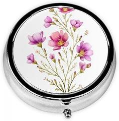 Wildflower Sprig Round Pill Case, Portable Pill Box for Pocket Metal Medicine Vitamin Organizer 3 Compartment Three Times A Day