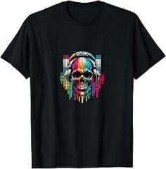 Psychedelic AudioVibes Skull DJ and Musician Gear Vibrant DJ Graphic V8 Electronic Music Audio Enthusiast T-Shirt