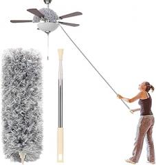 Microfiber Duster with Extension Pole(Stainless Steel), Extra Long 100 inches, with Bendable Head, Extendable Duster for Cleaning High Ceiling Fan, Interior Roof, Cobweb, Gap Dust Wet or Dry