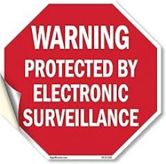 Warning Protected by Electronic Surveillance 10 inch X 10 inch Octagon Vinyl Label Decal Sticker Weather Resistant, UV Protected for Workplace, Private Property, and Construction Site, Made in the USA