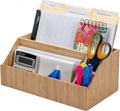 MobileVision Bamboo Desktop All-In-One Organizer for File Folders, Notepads, Pens, Stationary Items, Small Electronics and more