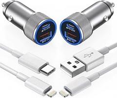 iPhone Car Charger,【2Pack】38W Dual Port USB C+QC3.0 [Apple MFi Certified] Fast Charging Cigarette Lighter iPhone Charger Car Adapter with【2 Pack】Lightning Cable for iPhone 14 13 Pro Max 12 11 X - Grey