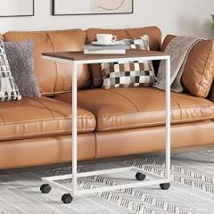 White Engineered Wood Small Portable C-Shaped Accent Table with Brown Metal Frame and 4 Wheels for Living Room Bedside Modern Decor