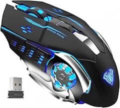 AULA SC100 Silent Wireless Gaming Mouse Rechargeable, with Side Buttons, LED Backlit, DPI Adjustable, 2.4G Wireless Optical Computer Mice Punk Cool Mouse for Games/Work (Black)