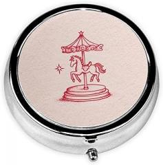 Simple Vintage A Horse Carouse Round Pill Case, Portable Pill Box for Pocket Metal Medicine Vitamin Organizer 3 Compartment Three Times A Day