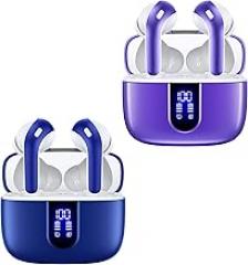 TAGRY 2 Sets X08 Ocean Blue and Phantom Purple Bluetooth Headphones True Wireless Earbuds 60H Playback Ear Buds with Wireless Charging Case in-Ear Earbuds with Mic